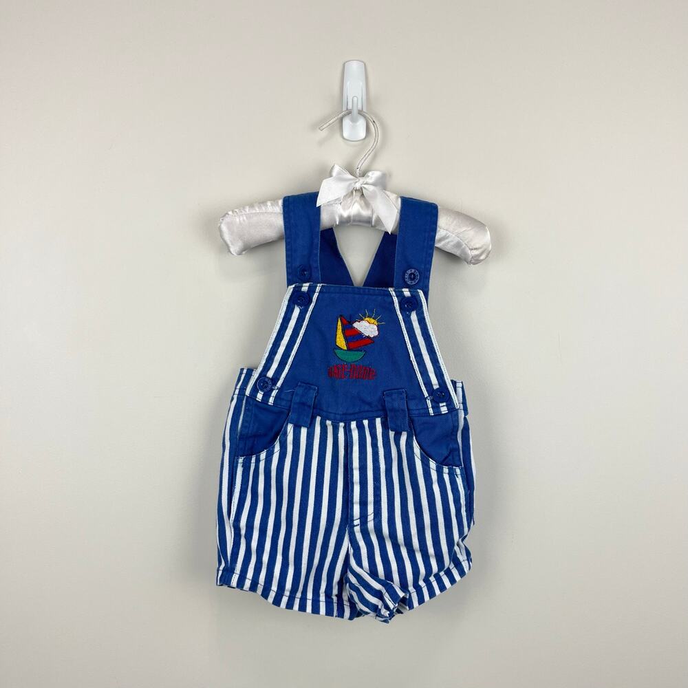 Vintage Okie Dokie Blue Striped Shortall Romper 12 Months